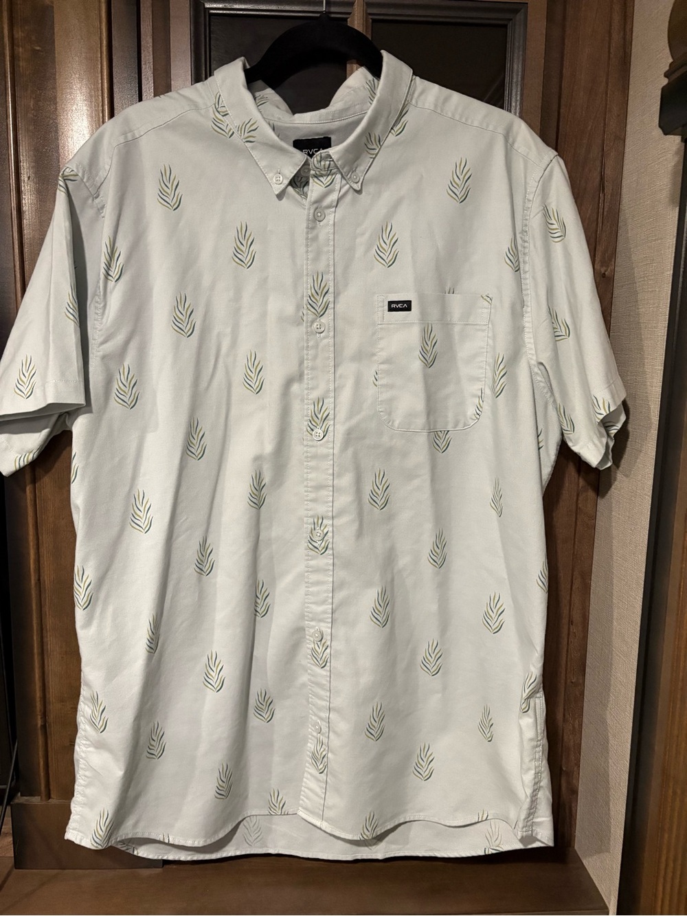 RVCA Light Blue Short-Sleeve Button-Down Shirt with Subtle Leaf Print